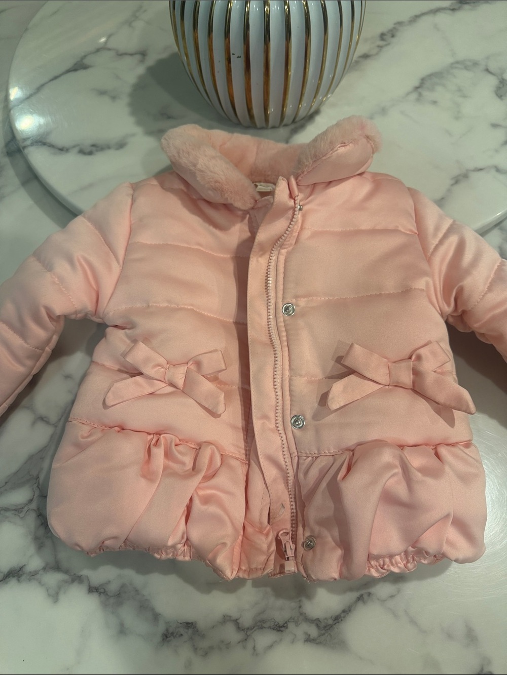 Tahari Pale Pink Quilted Puffer Jacket with Bow Details - Kids